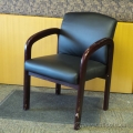 Black Leather Guest Side Chair with Mahogany Arms